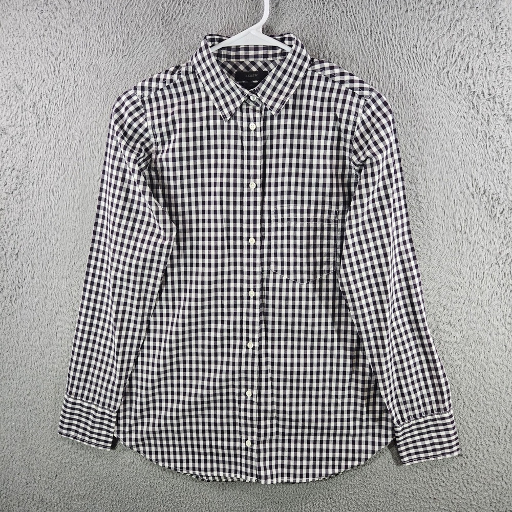 J.Crew Boy Fit Gingham Button Down Shirt Navy White‎ Cotton Size 4 Long Sleeve